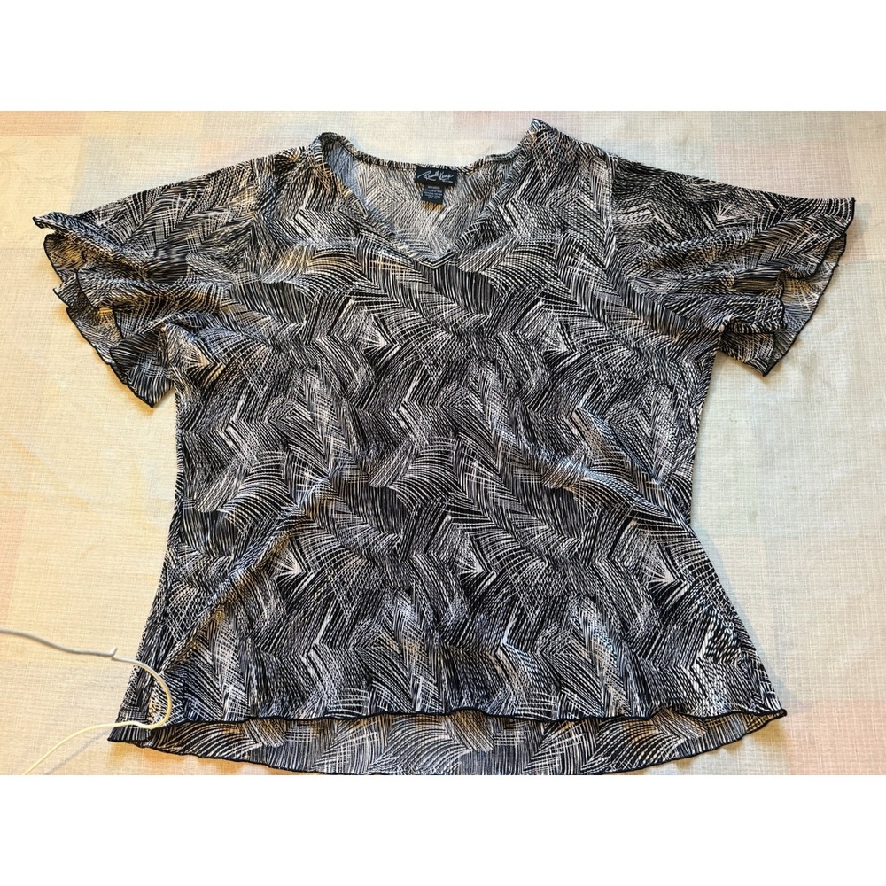 RussellKemp New York Women's 2X Plus Black White Abstract Ruffle Sleeve Blouse—1